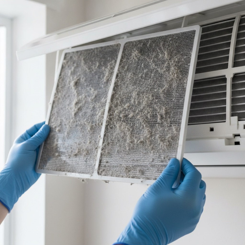 Dusty aircon filter being removed
