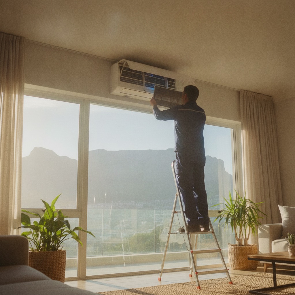 Technician servicing a wall-mounted aircon in a sunny Cape Town living room