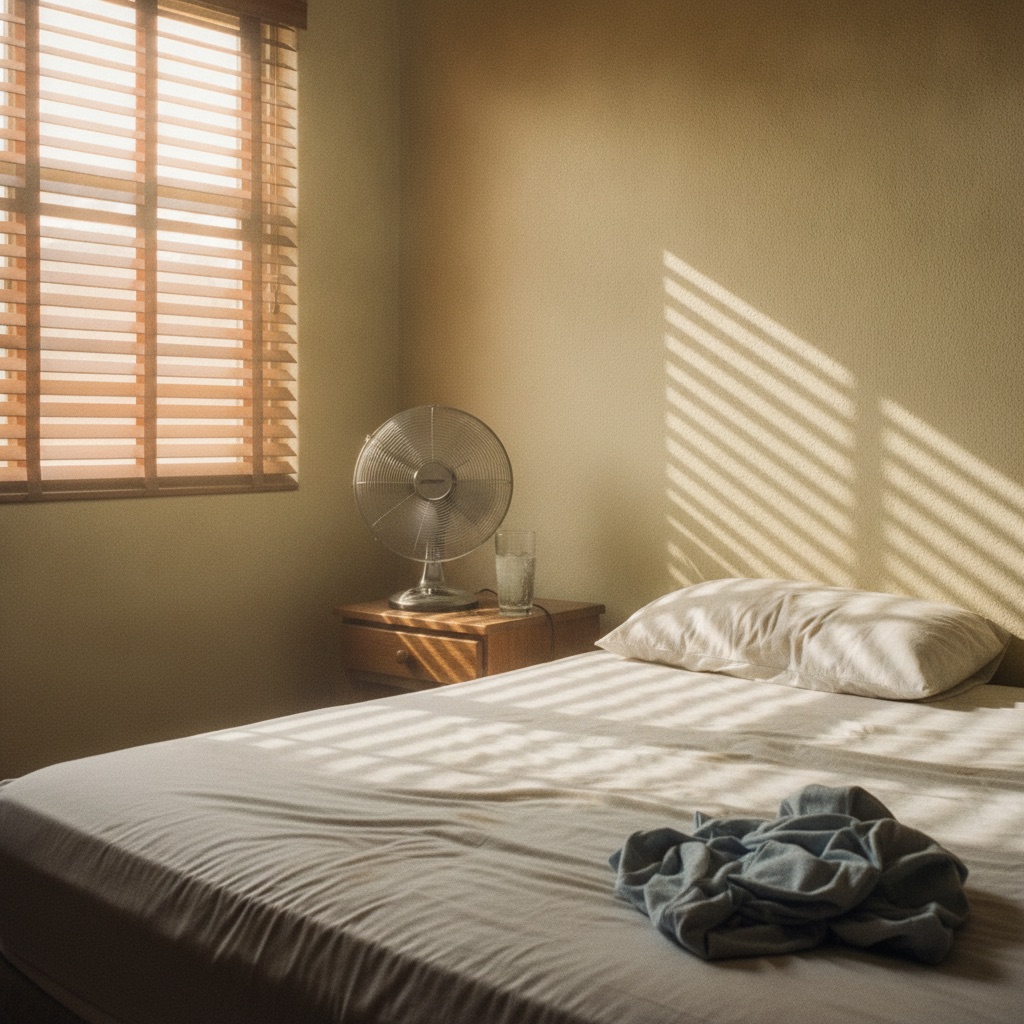 Hot bedroom with a desk fan